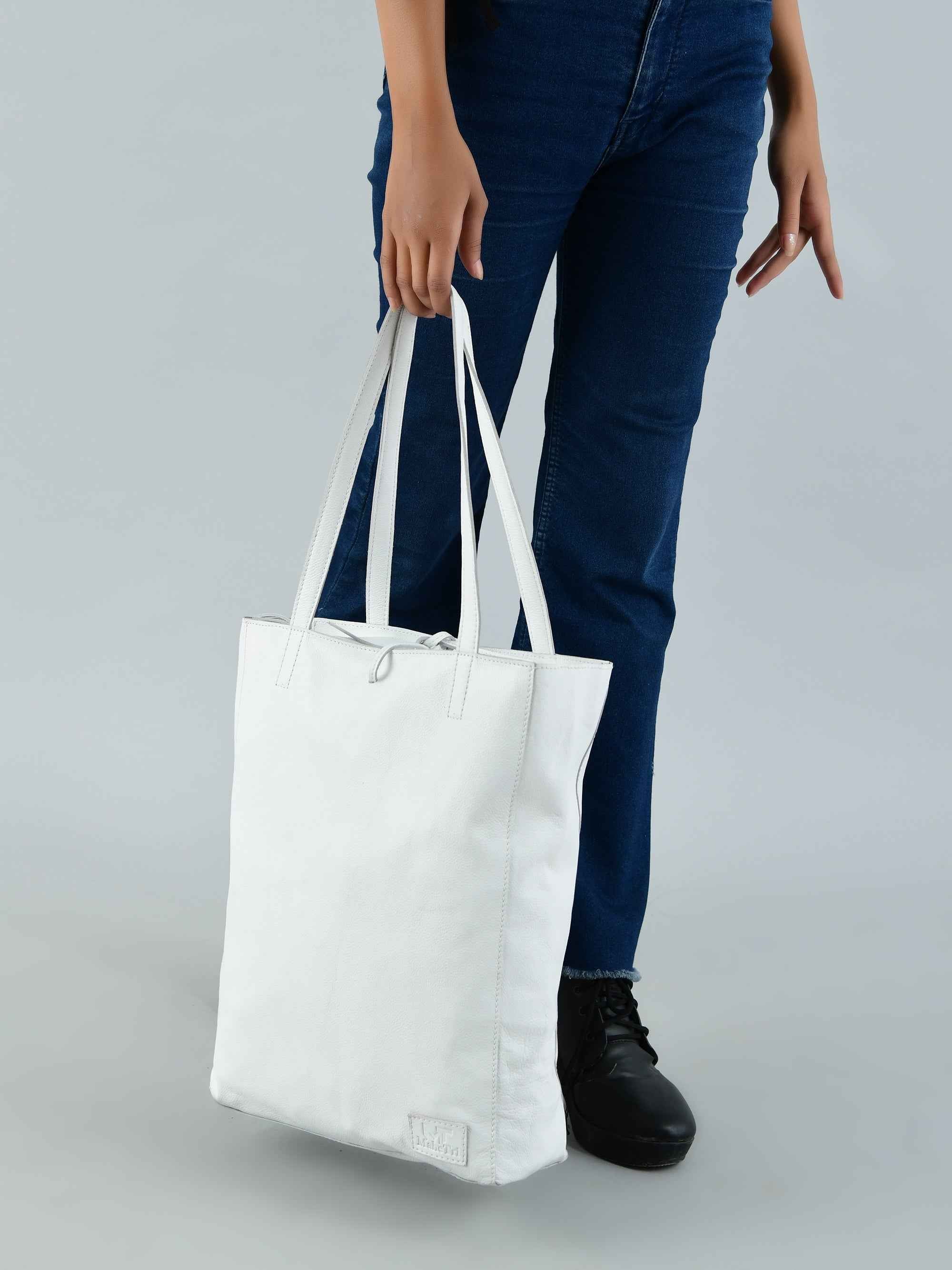 White Leather Shoulder Tote Bag