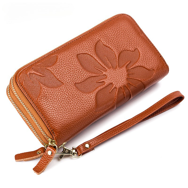 Women's Leather Double Zipper Wallet - Solid Color Large Capacity Long Phone Wallet from First-Layer Cowhide
