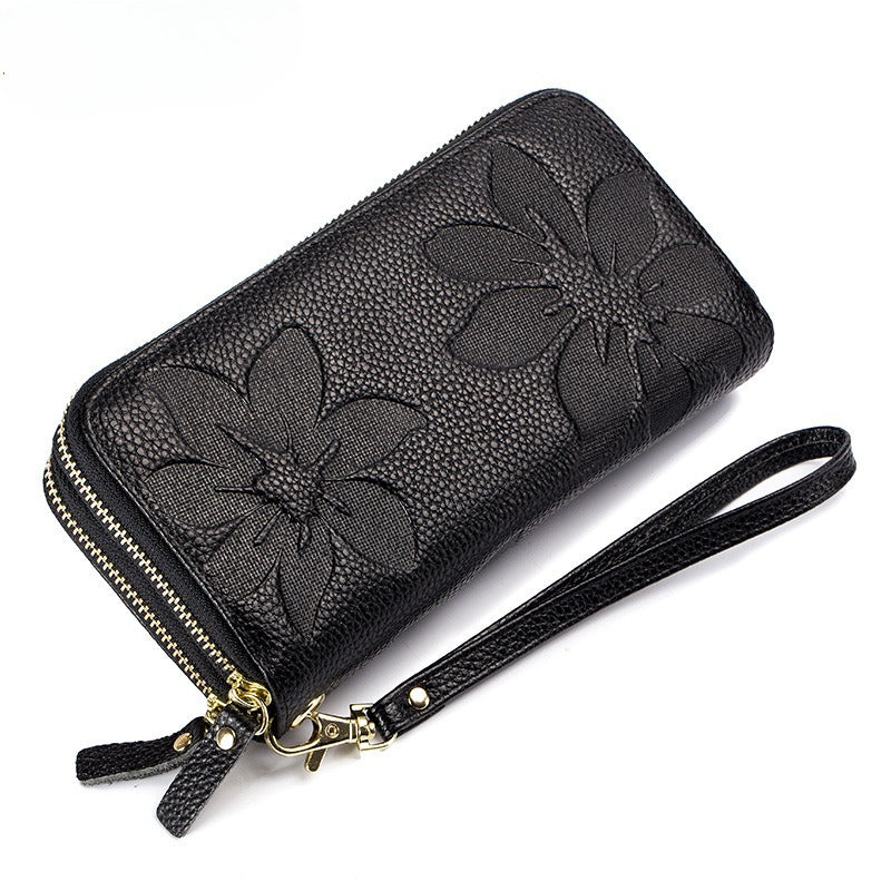 Women's Leather Double Zipper Wallet - Solid Color Large Capacity Long Phone Wallet from First-Layer Cowhide