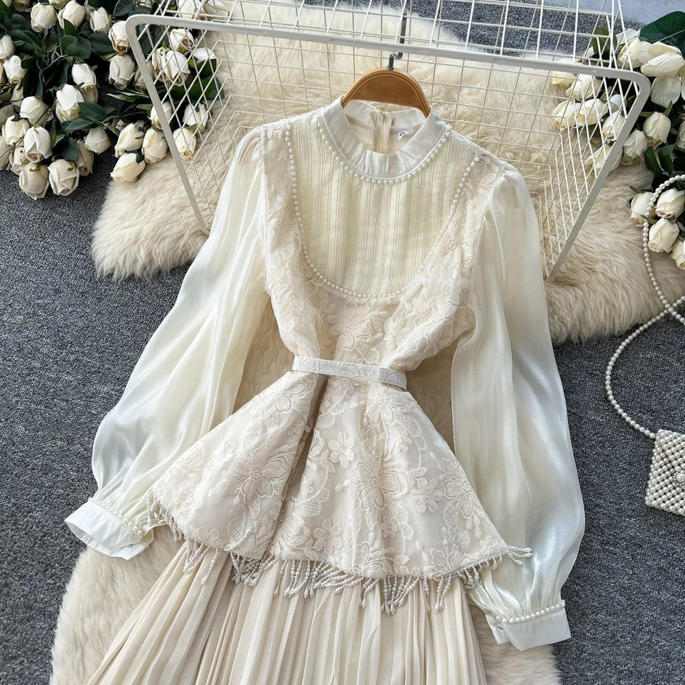 Premium Beaded Lantern Sleeve Tassel Dress –Tie-Waist A-Line Midi, Office Elegant Shift Dress