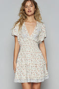 New Summer Cutout Back Frill Floral V-Neck Short Sleeve Mini Dress For Women Fluttering, Chic, Feminine, and Playful Dress with Floral Print and Back Cutout for a Flirty and Elegant Look