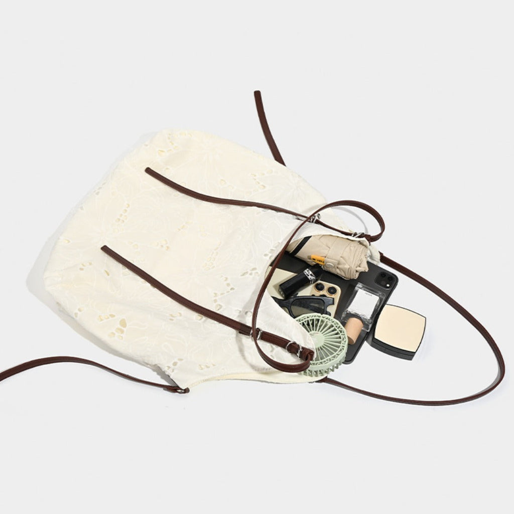 White large capacity hobo purse, embroidered shoulder bag, tote bag, commuter shoulder bag
