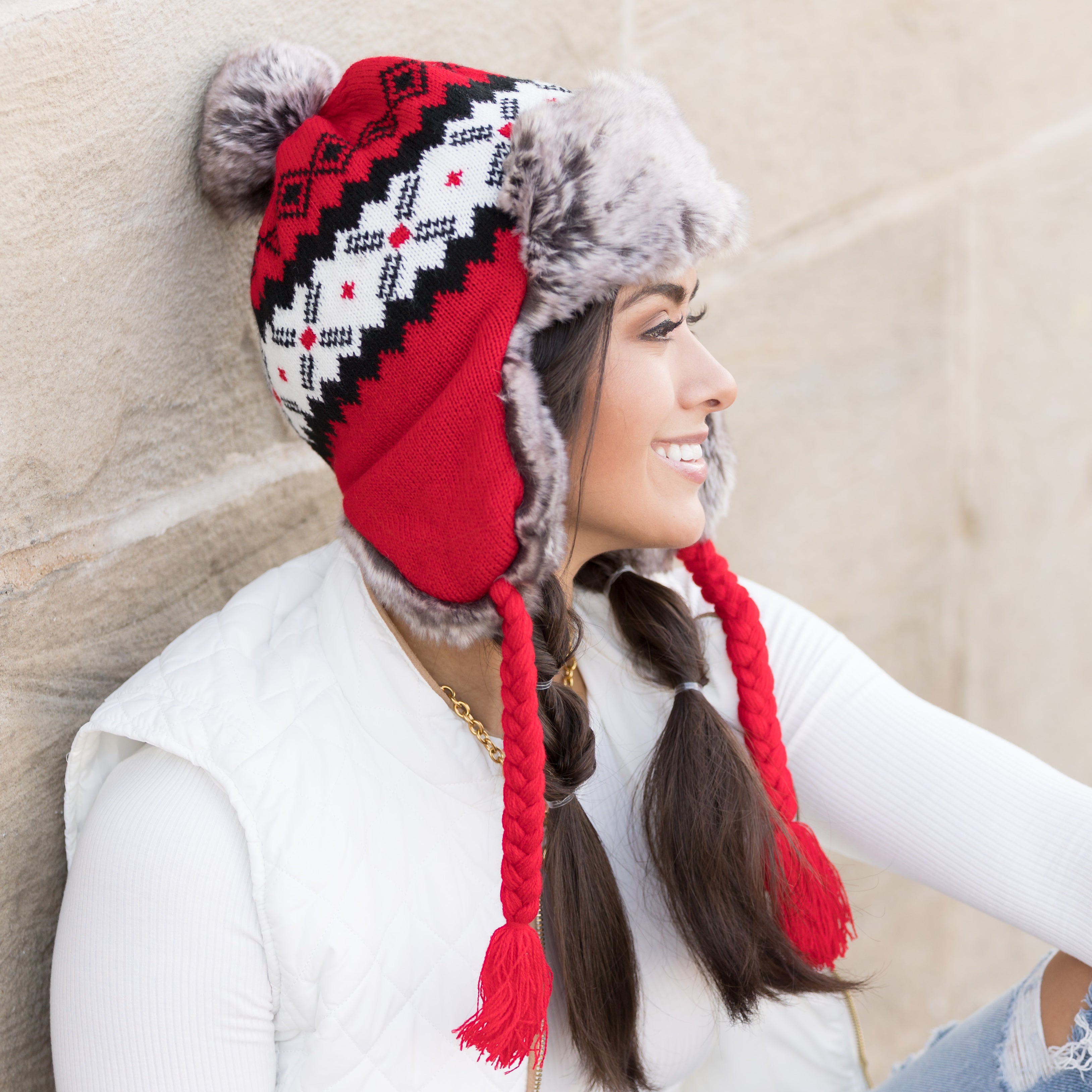 Fair Isle Pom Trapper Hat