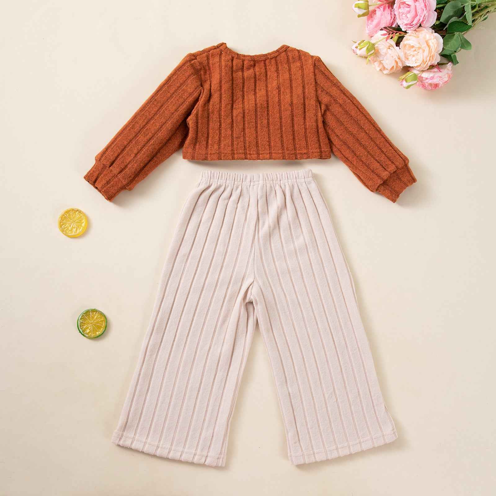 Chic Fashion Girls' 3-Piece Set Knit Long Sleeve Top, Strapless Vest, Wide-Leg Pants