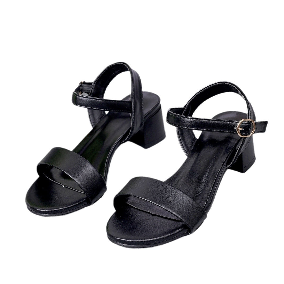 Women Genuine Leather Sandals Low Heel Buckle Strap Ladies Open Toe Black Decoration Summer Leather Open Toe And Ankle Strap Buckle Flat Sandals Casual Beach Shoes