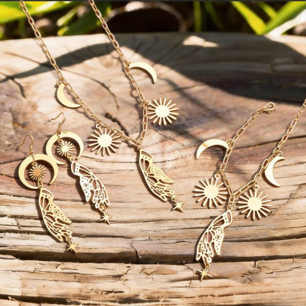 Bohemian Sun Moon Star Wing Tassel Earrings Necklace Bracelet Set