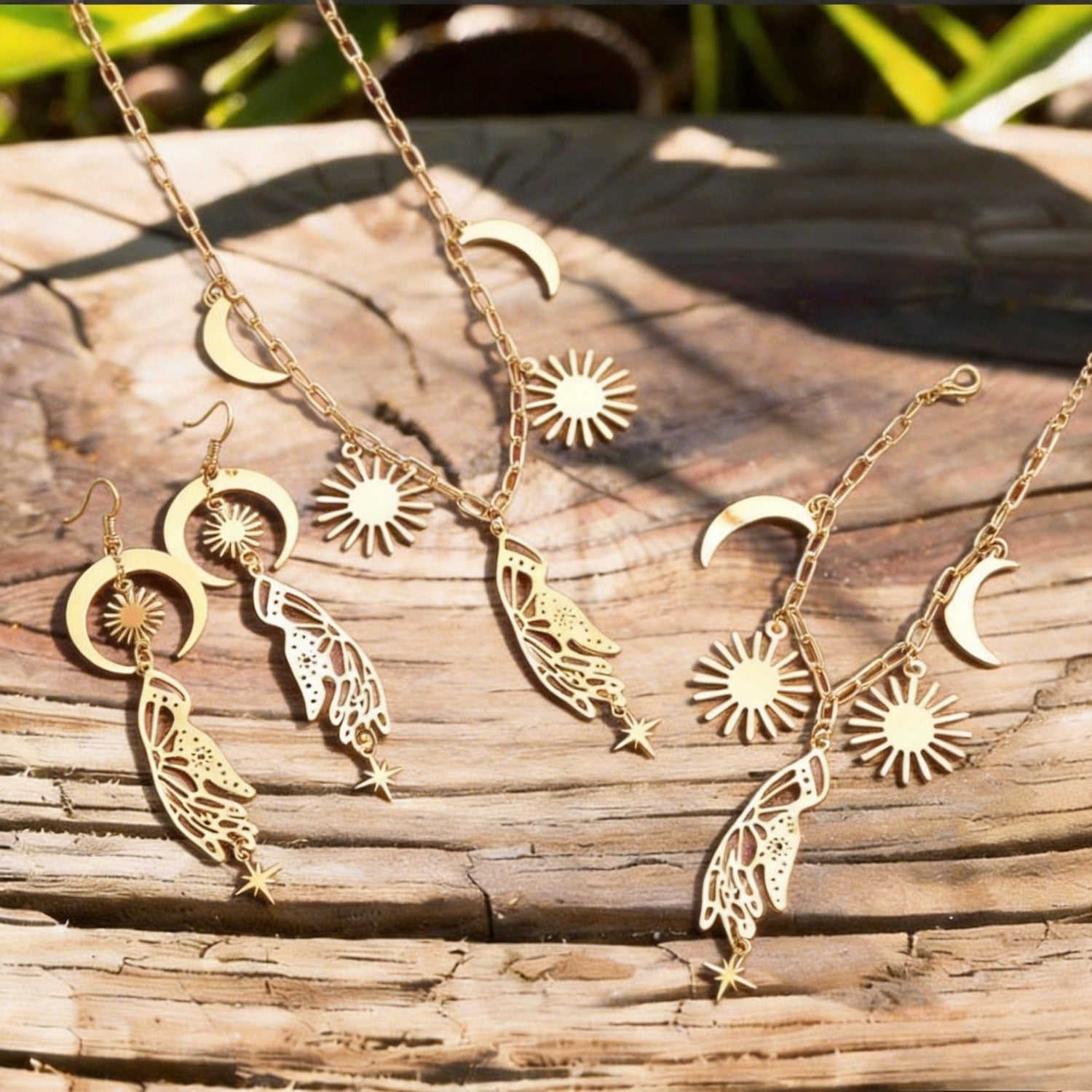 Bohemian Sun Moon Star Wing Tassel Earrings Necklace Bracelet Set