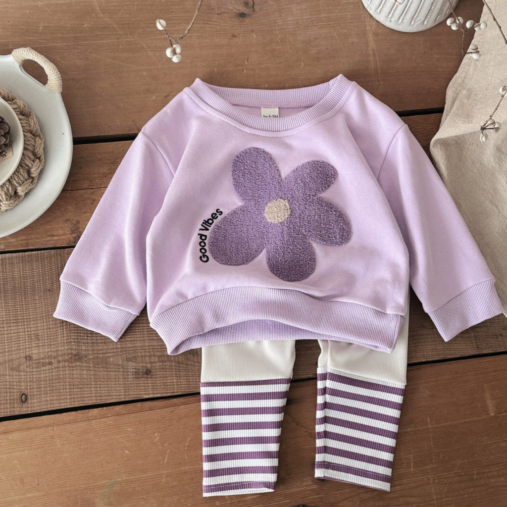 Baby Floral Hoodie And Striped Pants Two-piece Set