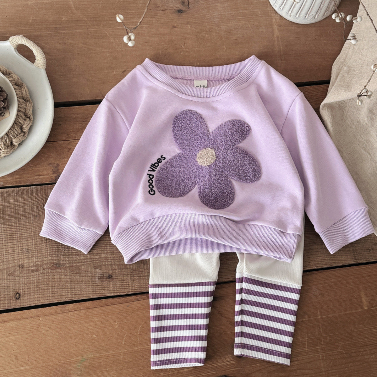 Baby Floral Hoodie And Striped Pants Two-piece Set