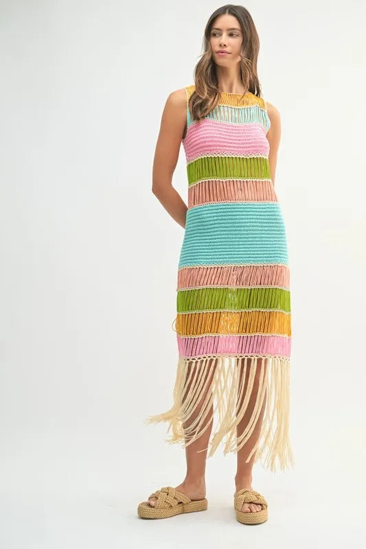 Multi Color Fringed Crochet Knit Dress For Women – Crochet Knit Dress, Fringed Dress, Multi-Color Dress, Bohemian Knit Dress, Festival Dress