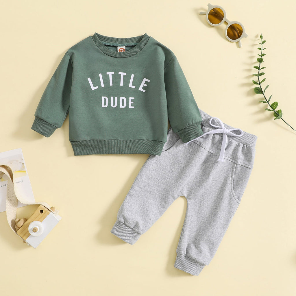 Boys' Round Neck Letter Print Top Solid Color Trousers Two-piece Set