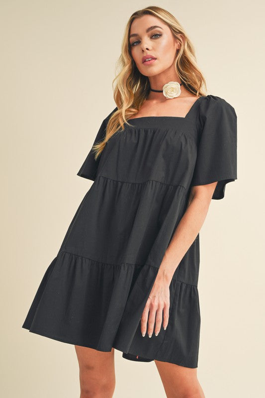 Square Neck Half Sleeve Tiered Summer Dress For Women–Elegant & Flattering with Ruched Detail & Chic Tiered Design