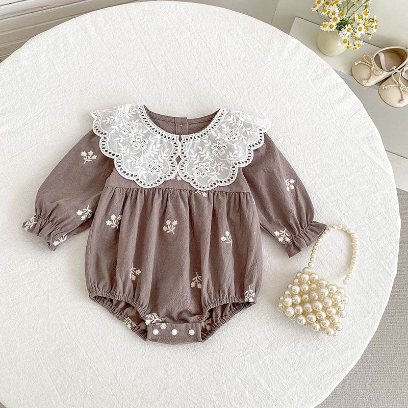 Girls Lace Romper With Long Sleeves And Embroidery