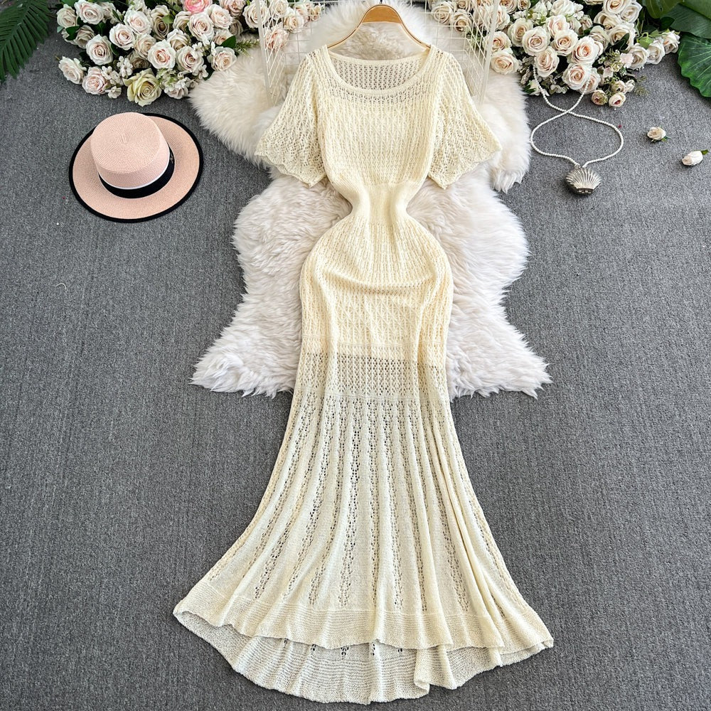Vintage Hollow-Out Knit Dress – Women's Summer Elegant Tie-Waist A-Line Midi, Fishtail Slim-Fit Gown