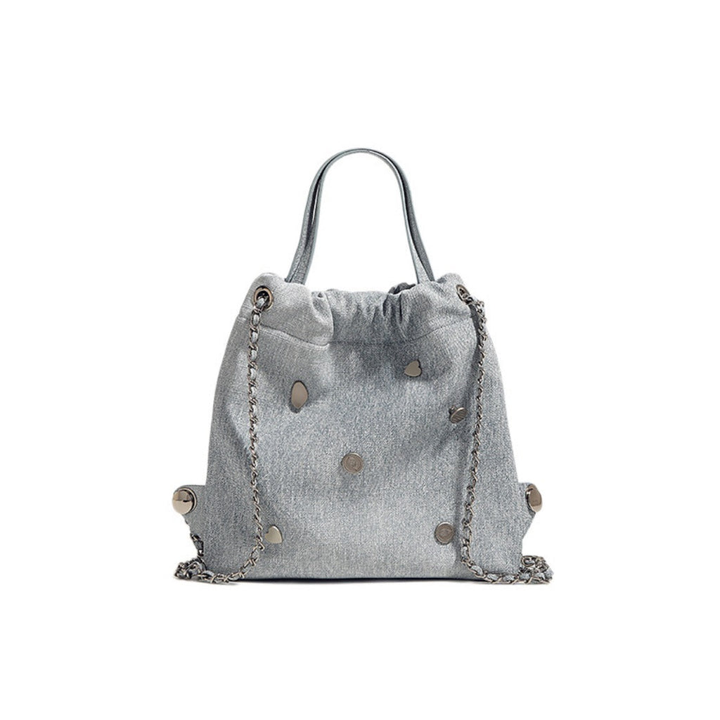 Denim blue chain backpack female, stylish and simple multi-functional portable shoulder bag, large capacity backpack with top handle