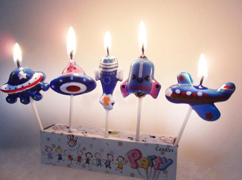 5PCS/Set Airplane Candle Cartoon Aircraft Spacecraft Rocket Birthday Cake Candles Outer Space Party Favors Cute Space Ship Cake Decorations for Kids Perfect for Birthday Party Children Carnival Party And Cupcake Decorative Candle For Kids Party