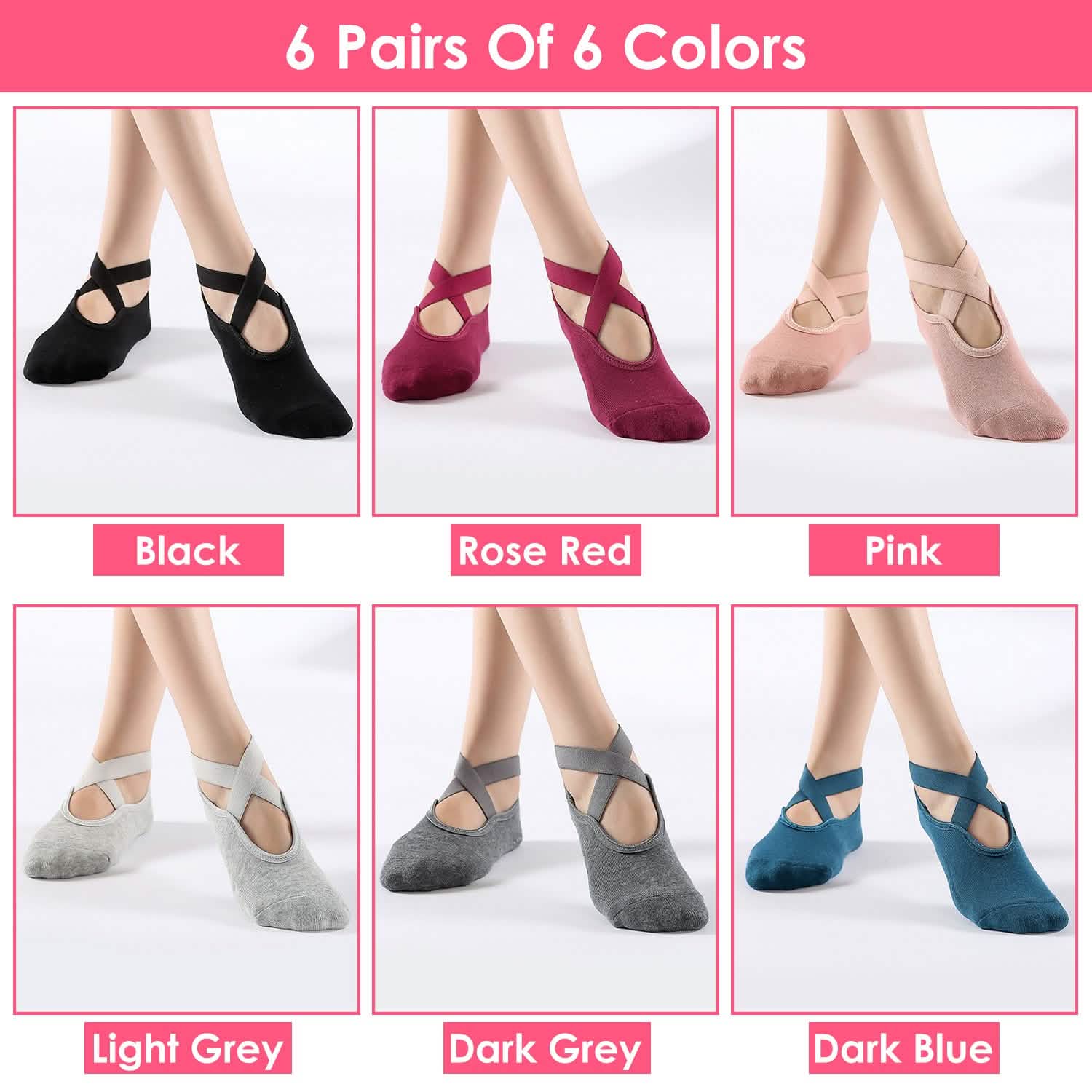 6-Pack: Women Yoga Socks with Straps Non-Slip Grips