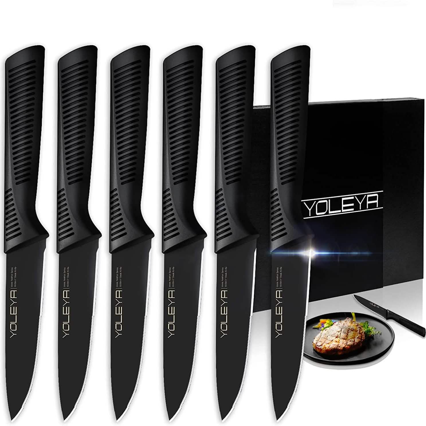 6-Pieces Set: YOLEYA High Carbon German Stainless Steel Black Serrated Steak Knife Set