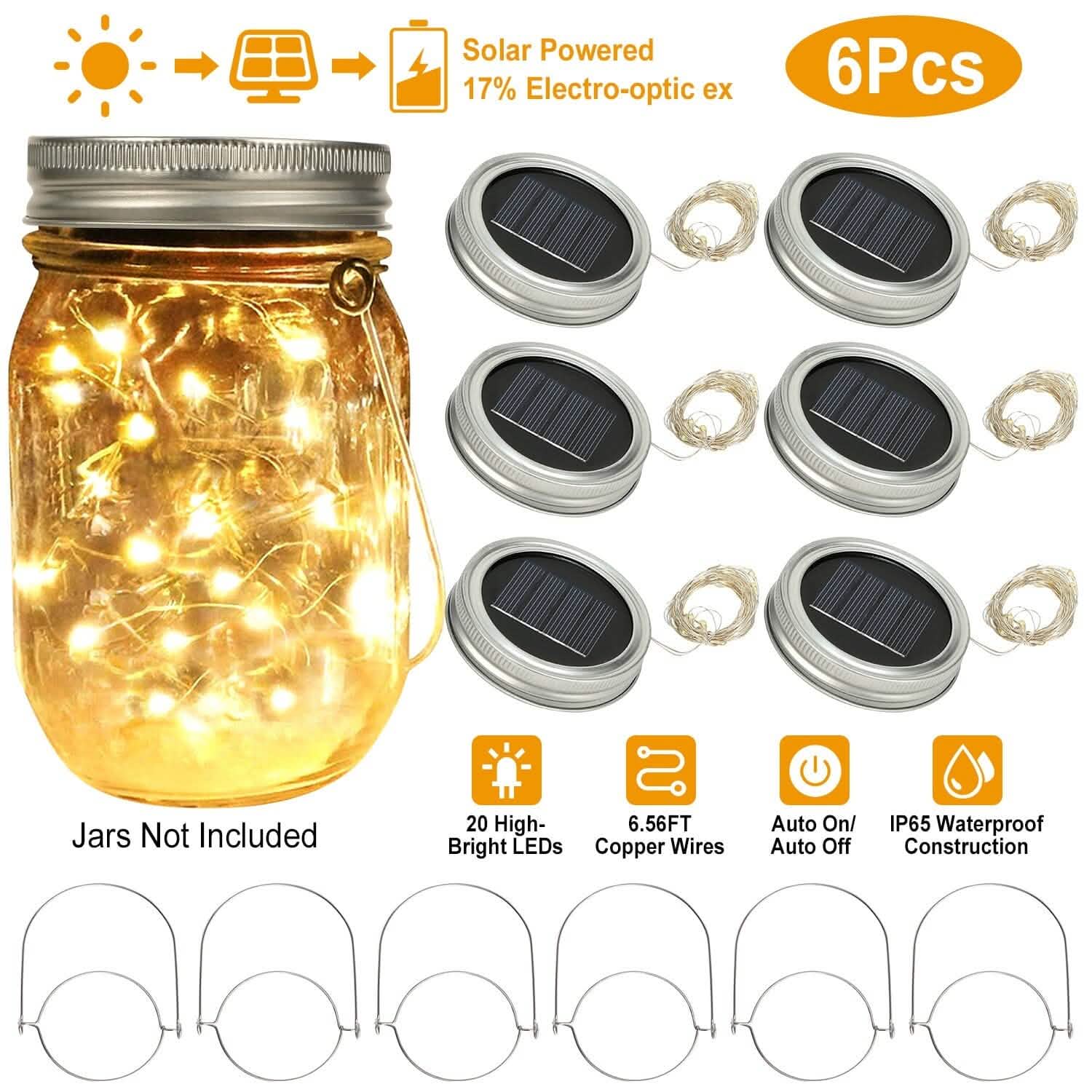 6-Pieces: Solar Powered Mason Jar Lid Lights 20 LEDs