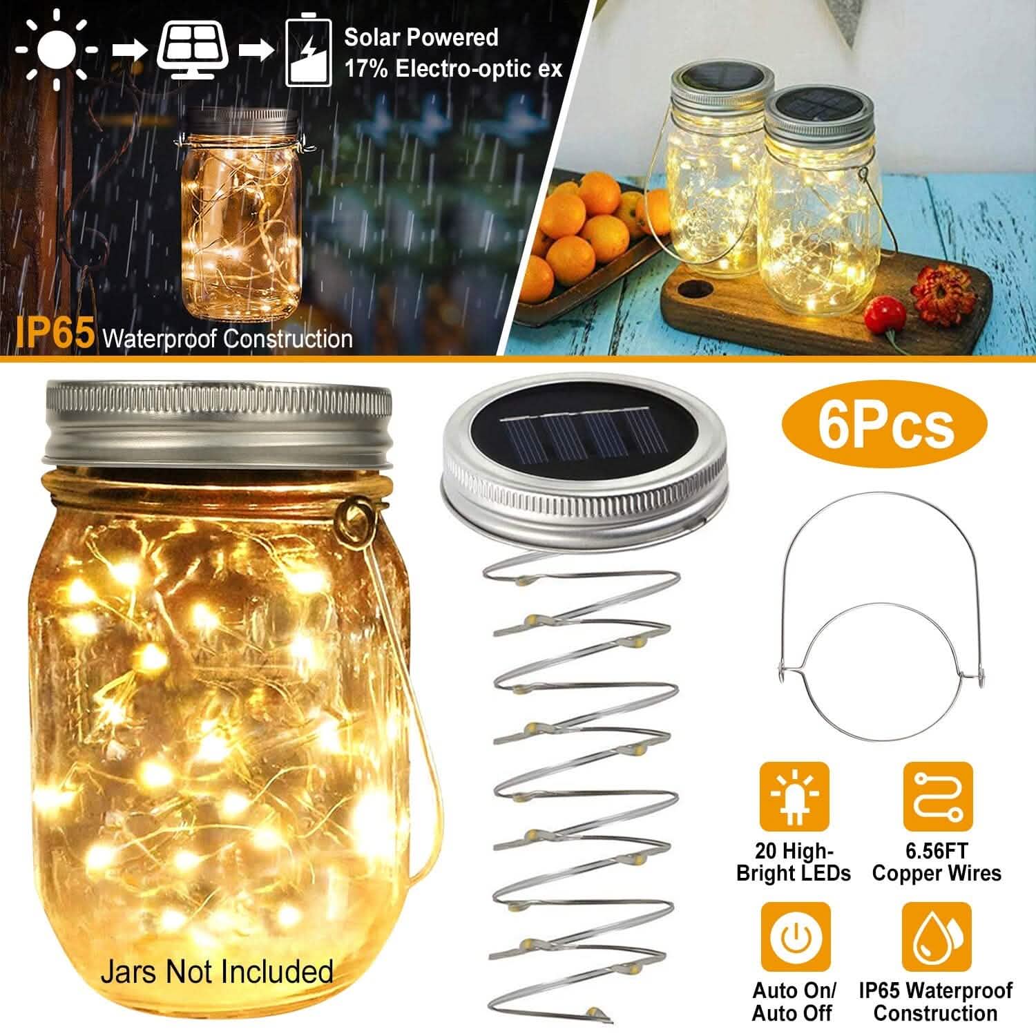 6-Pieces: Solar Powered Mason Jar Lid Lights 20 LEDs