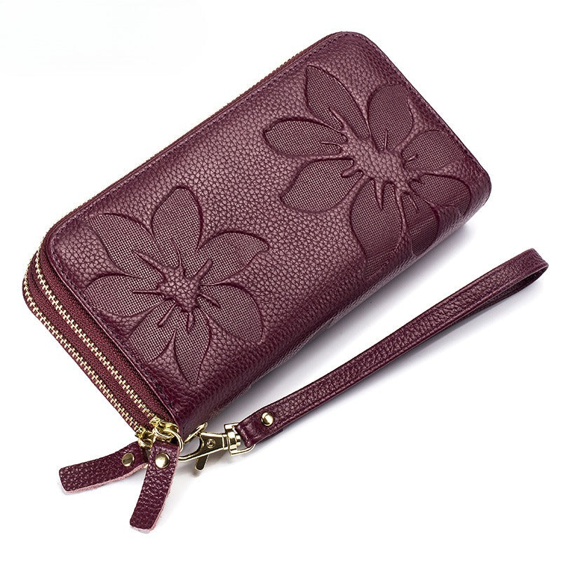 Women's Leather Double Zipper Wallet - Solid Color Large Capacity Long Phone Wallet from First-Layer Cowhide