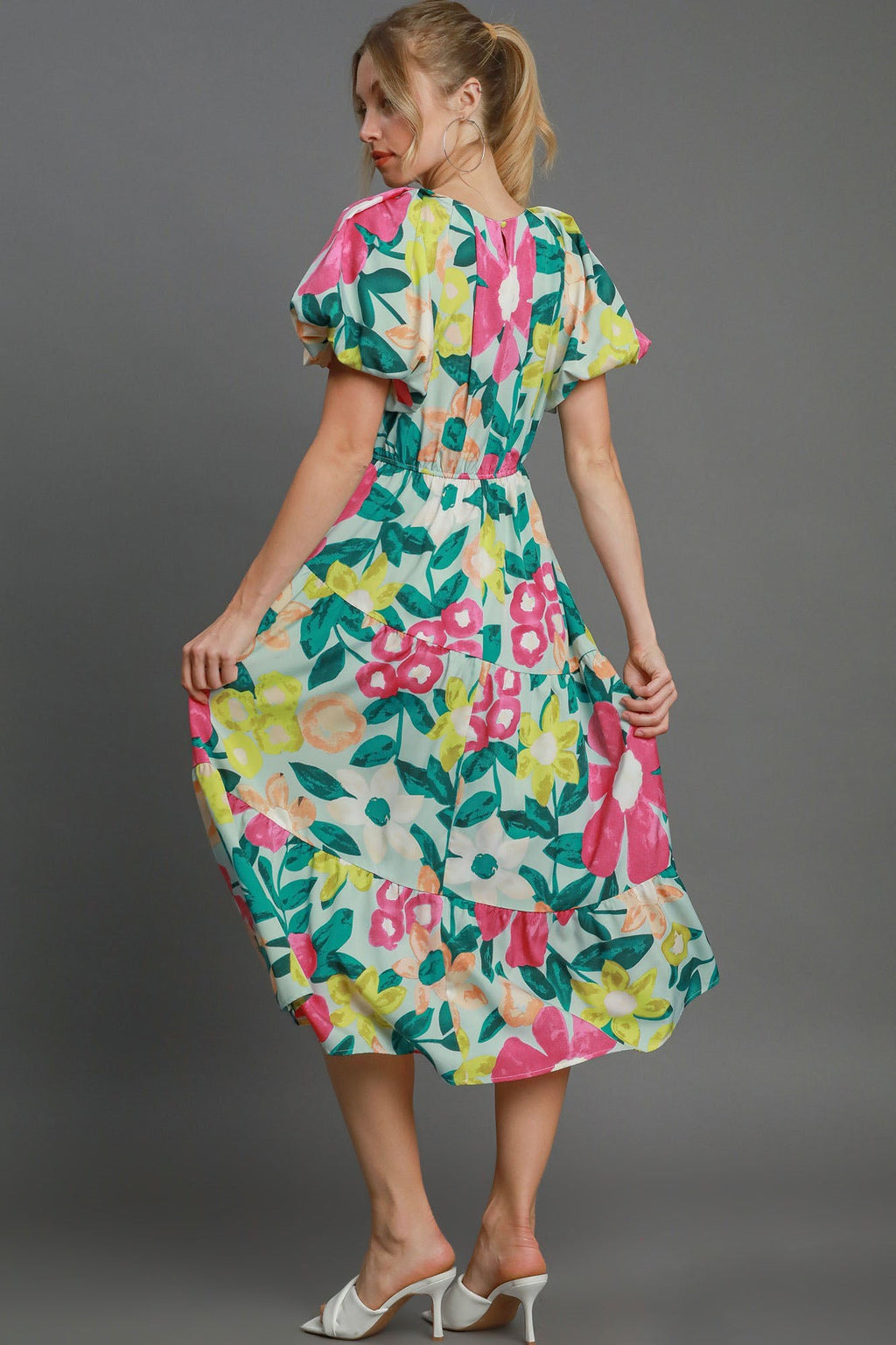 Colorful Full Size Floral Print Puff Sleeve Midi Dress Plus Size Elegant & Feminine Romantic Long Dress
