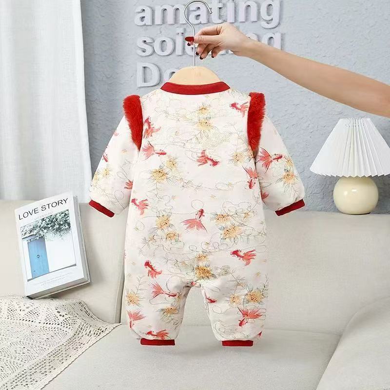 Red Festive Warm Childrens Cotton Padded Jumpsuit