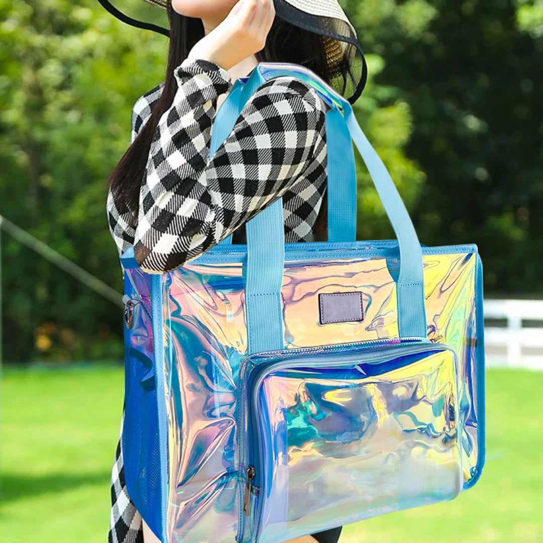 PVC Symphony translucent beach bag, Portable tote bag for going out, Transparent tote purse for sports, clear bag for stadium events