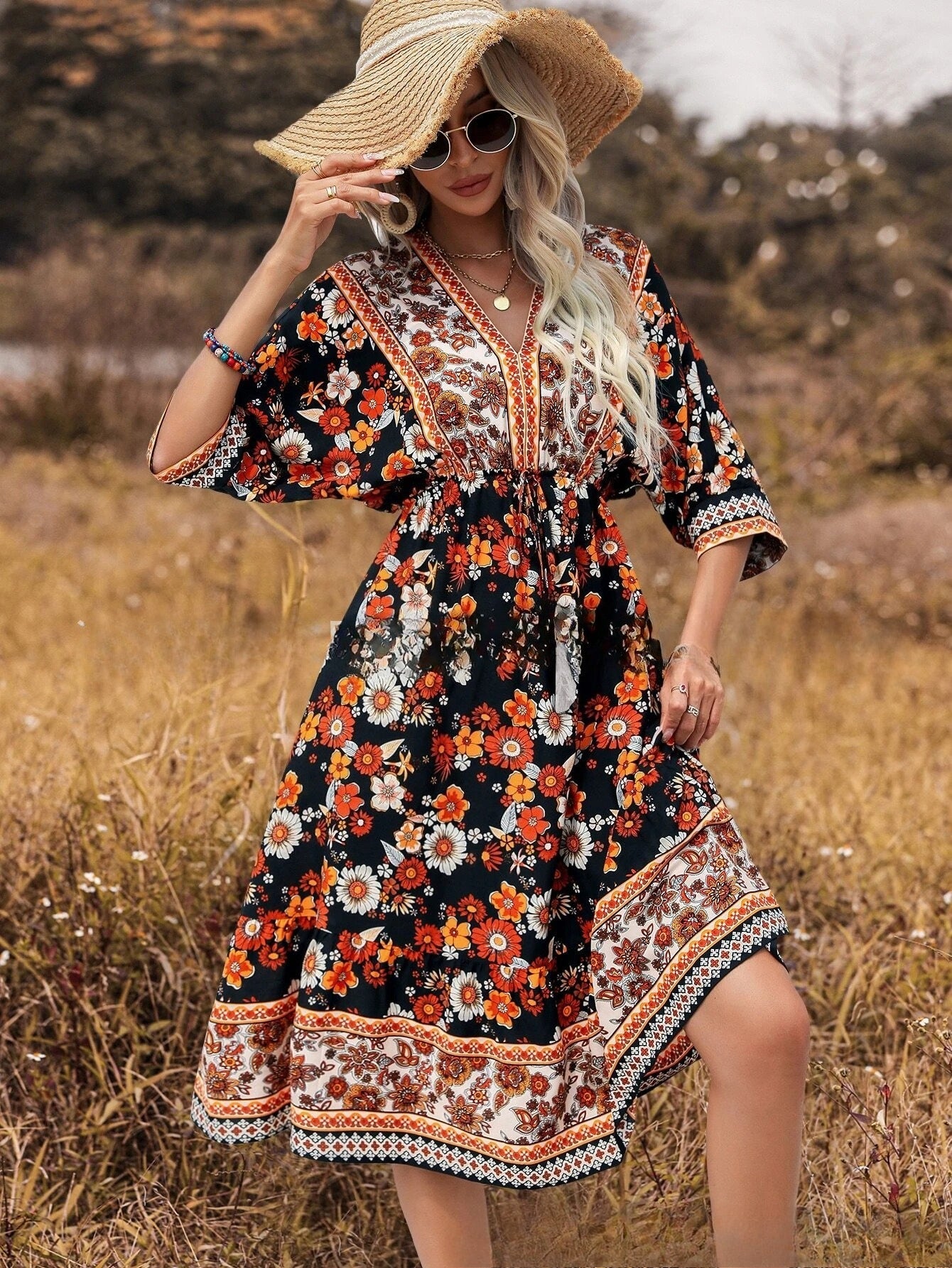 Women's Bohemian Dress Printed Vacation Beach Midi Dress