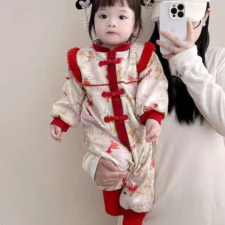 Red Festive Warm Childrens Cotton Padded Jumpsuit