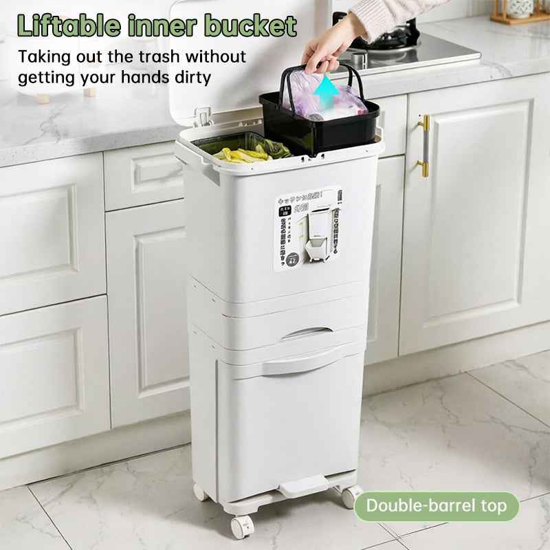 42L Kitchen Trash Can 3 Compartments with Pedal & Wheels, Recycling Bin