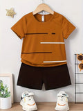 New Short-sleeved T-shirt Shorts Loose Color Matching Lines Two-piece Suit