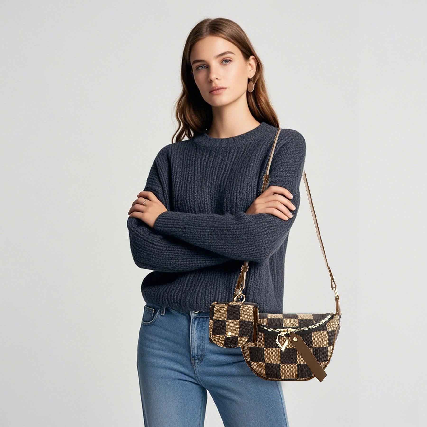 Checkerboard Canvas Crossbody Bag - 2-in-1 Compact Chest Bag & Fanny Pack with Earphone Storage
