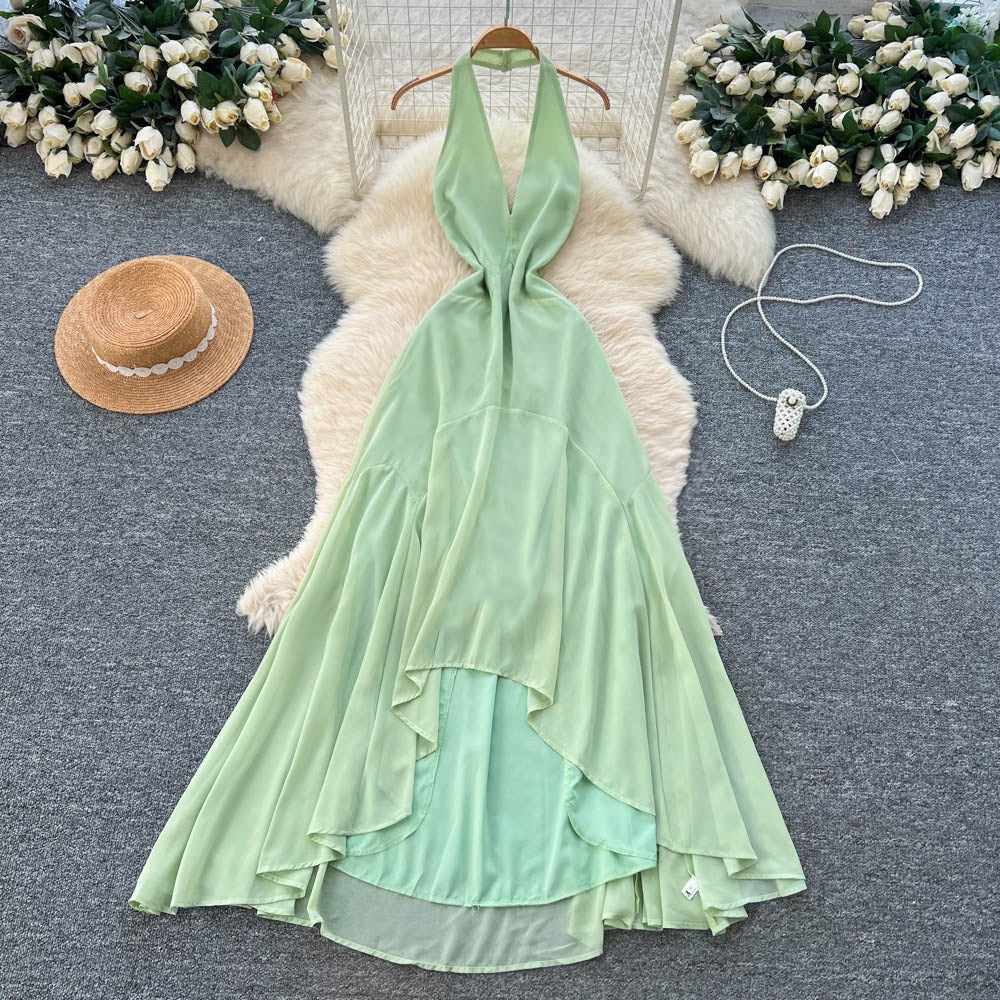Halter Sleeveless Sexy Open-Back Dress – Summer Green High-Waist Slim-Fit Maxi, Bodycon Gown