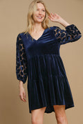 Dotted Lace Sleeve Tiered Velvet Mini Dress For Women – Vintage Velvet Dress, Lace Sleeve Mini Dress, Tiered Velvet Dress, Elegant Party Dress