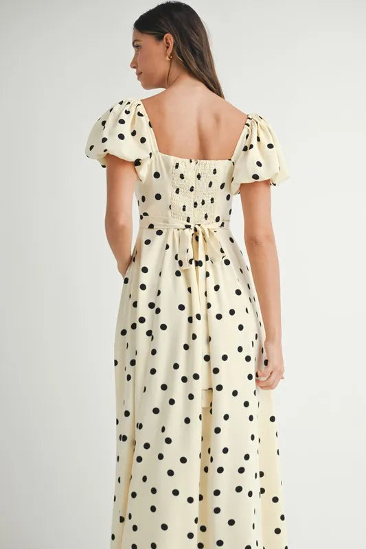Polka Dot Puff Sleeve Midi Dress For Women – Vintage Fluttering Polka Dot Dress, Feminine Puff Sleeve Dress, Retro Midi Dress, Classic Chic Dress