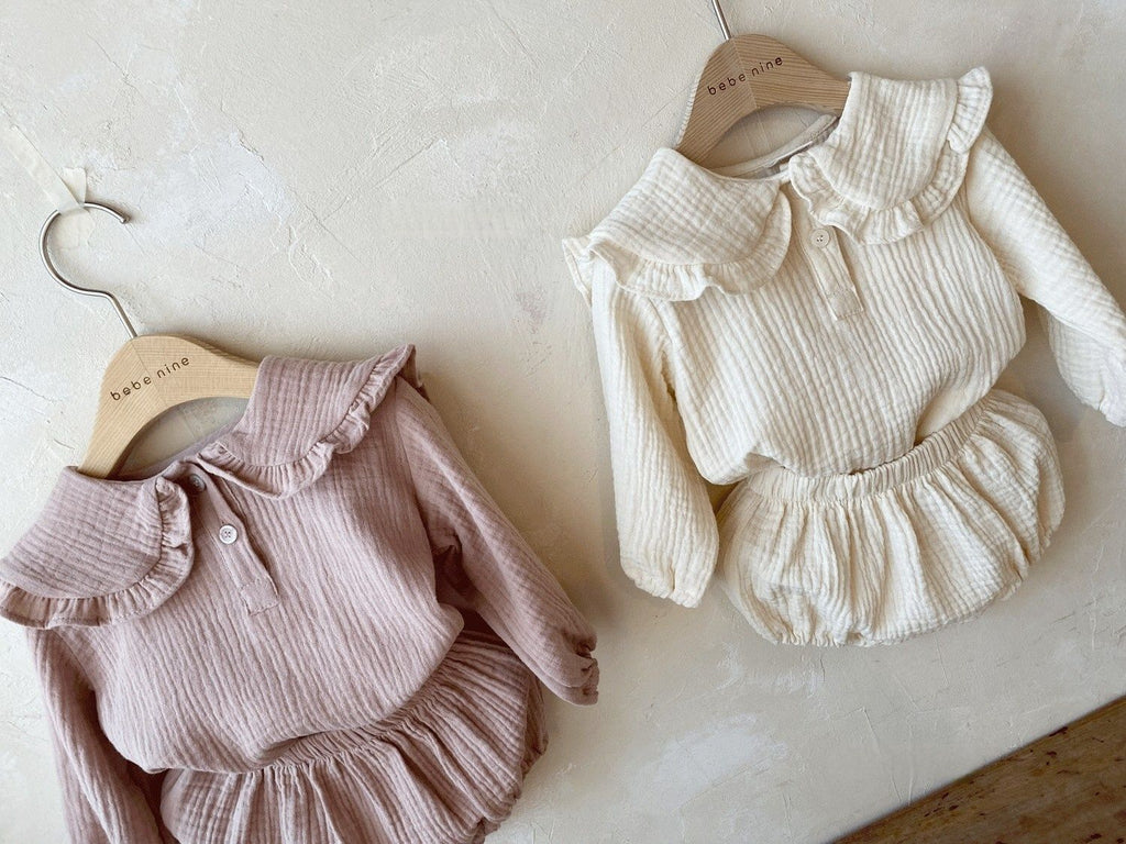 Baby Wrinkled Cotton Ruffle Collar Lapel Top Pants Set