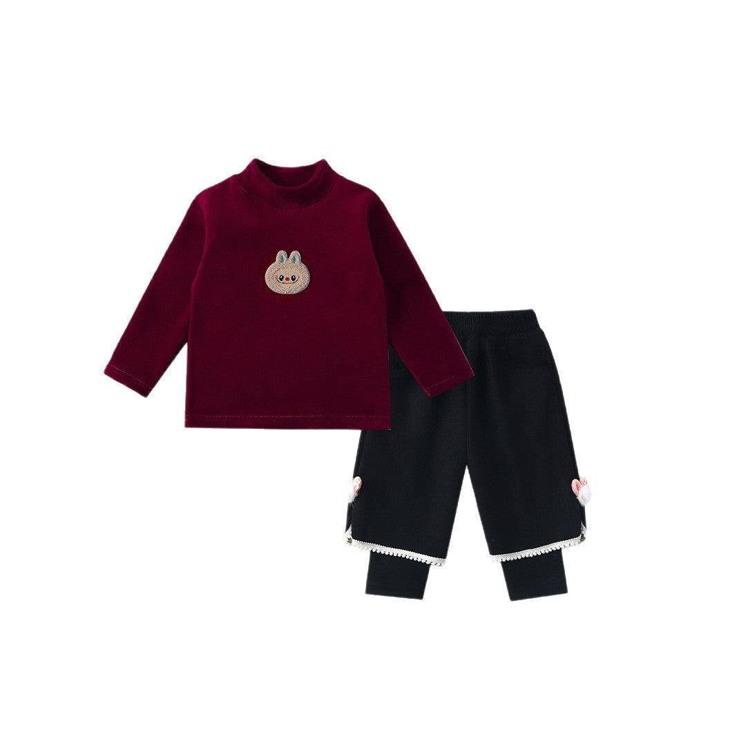 Sweatshirt Set Winter Fleece-Lined Thickened One-Piece Fleece Baby Korean-Style Fake Two-Piece Pants Set