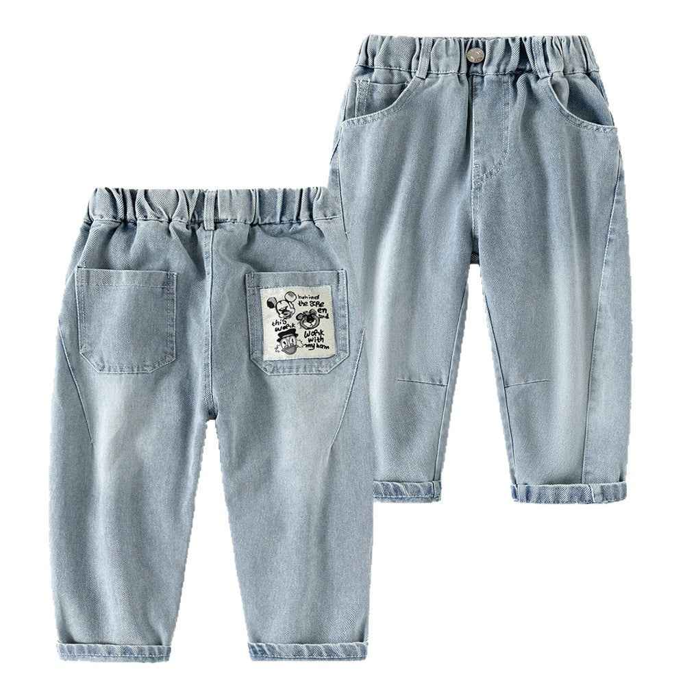 Boy's Casual Cartoon Letter Denim Pants for Kids, Long Pants, Mid to Large Size, Spring and Autumn Style