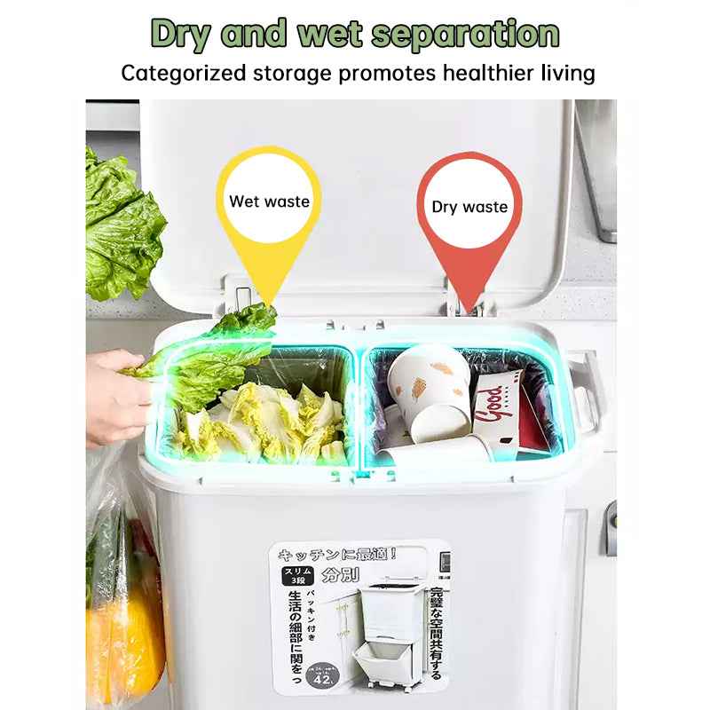 42L Kitchen Trash Can 3 Compartments with Pedal & Wheels, Recycling Bin