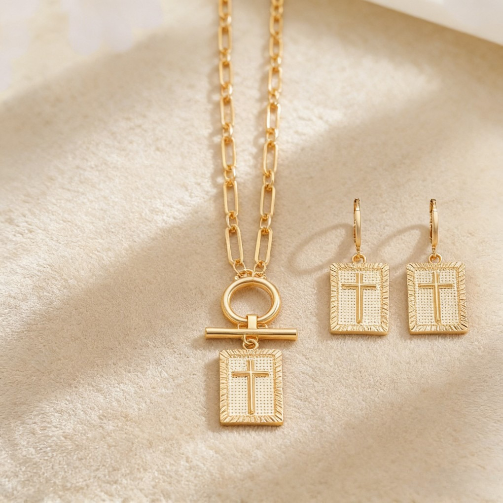 Vintage Cross Square Pendant Necklace & Earrings Set