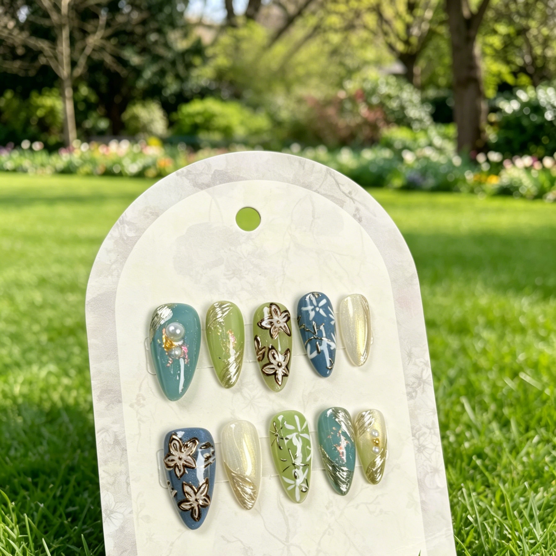 Floral Pearl Almond Fake Nails