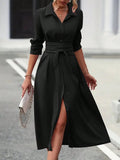 Elegant Black Collared Neck Long Sleeve Midi Shirt Dress Tied and Buttoned Women’s Dress