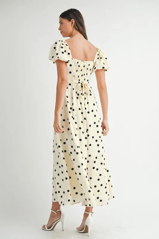 Polka Dot Puff Sleeve Midi Dress For Women – Vintage Fluttering Polka Dot Dress, Feminine Puff Sleeve Dress, Retro Midi Dress, Classic Chic Dress