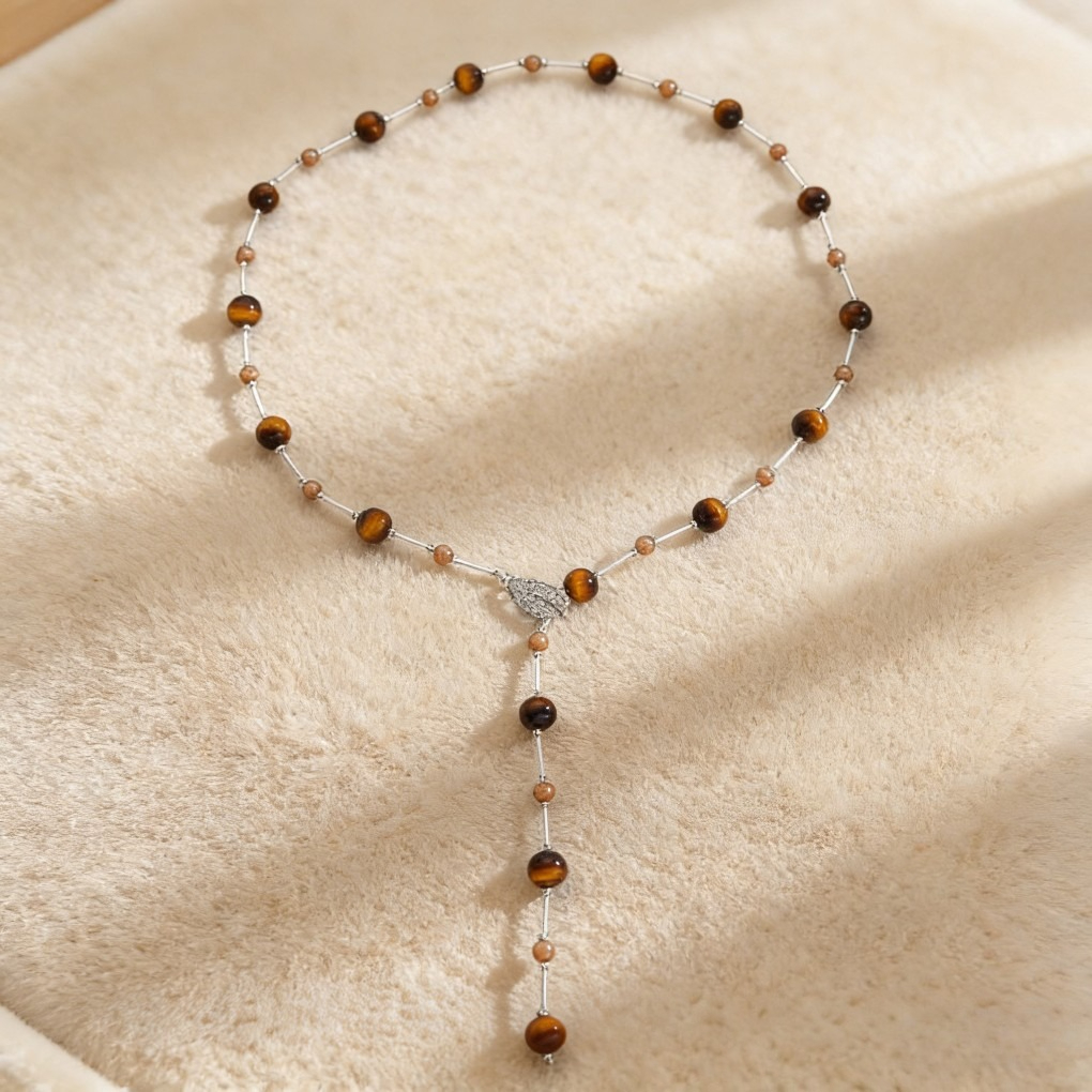 Vintage Beaded Long Necklace with Leaf Pendant