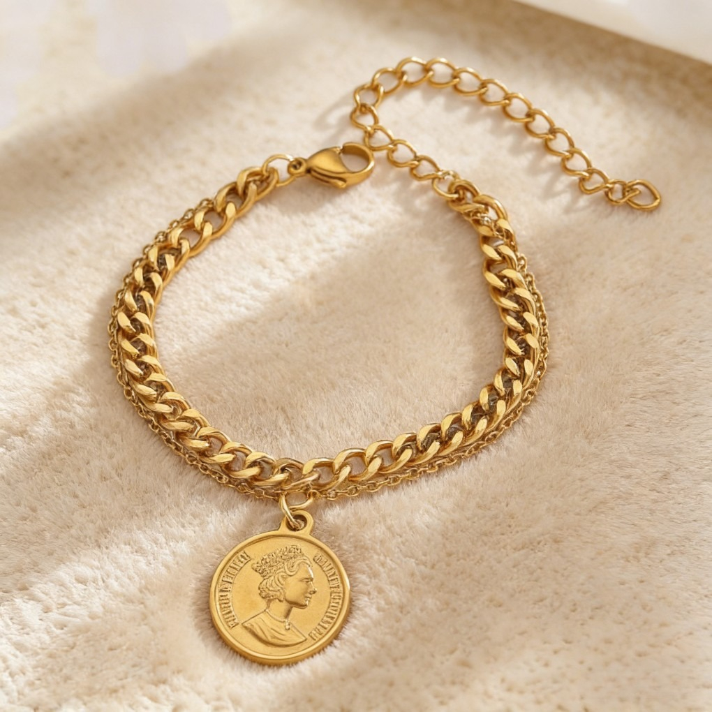 Vintage Gold Coin Medallion Double-Layer Chain Bracelet