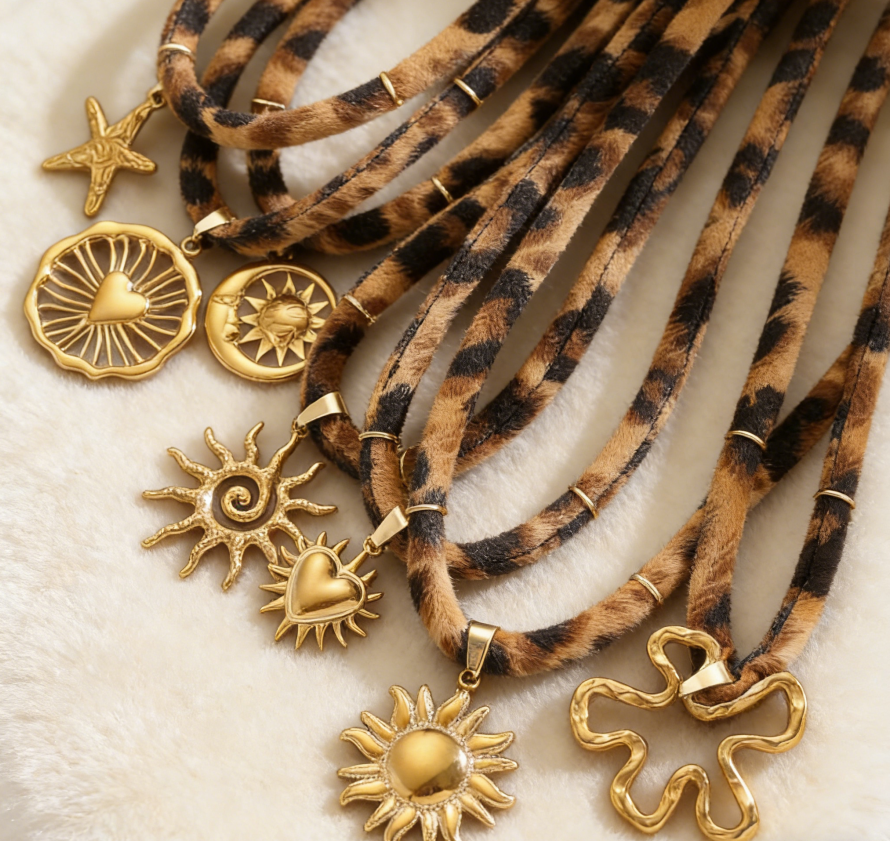 Leopard Print Ribbon Necklace with Sun & Gecko Charms