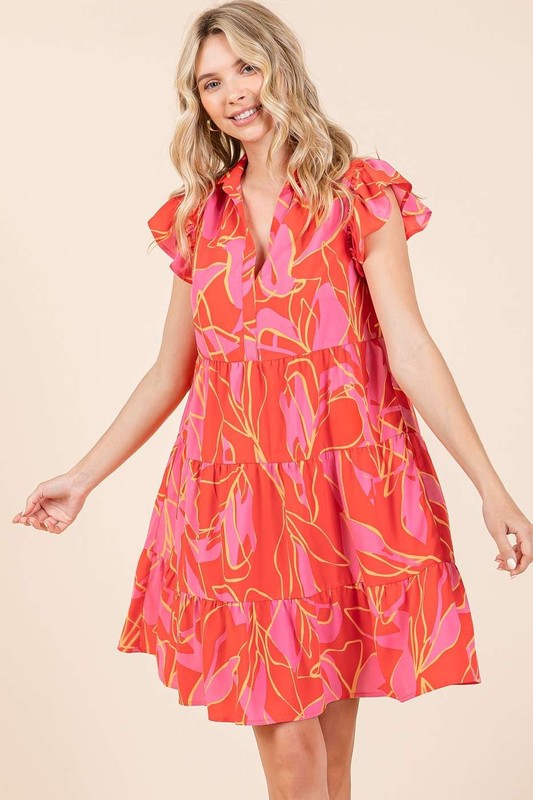 Leaf Print Ruffle Sleeve Tiered Mini Dress For Summer – Fluttering, Playful and Feminine Dress with Layered Details