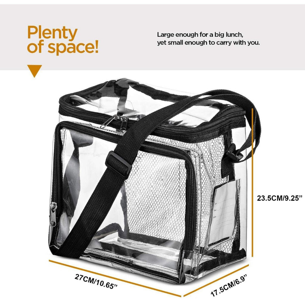 PVC clear lunch bag, adjustable strap front storage compartment mesh pocket, outdoor lunch bag with compartments