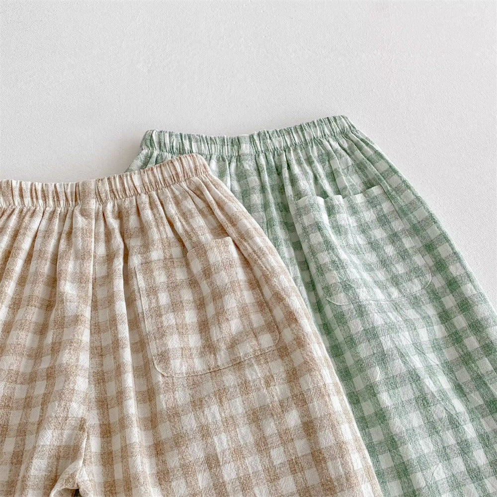 Ins Summer Children's Plaid Trousers Thin Linen Style